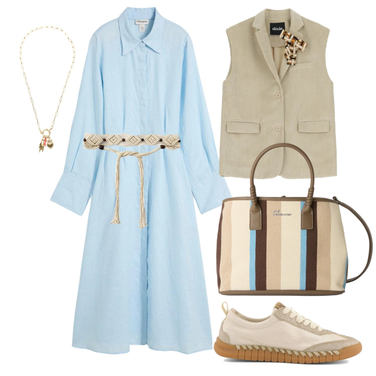 Outfit donna - Marzo. Stile Casual chic per Tutti i giorni. Abbinamento con vestiti chemisier, shopping bag, cinture, gilet, ciondoli, sneakers.