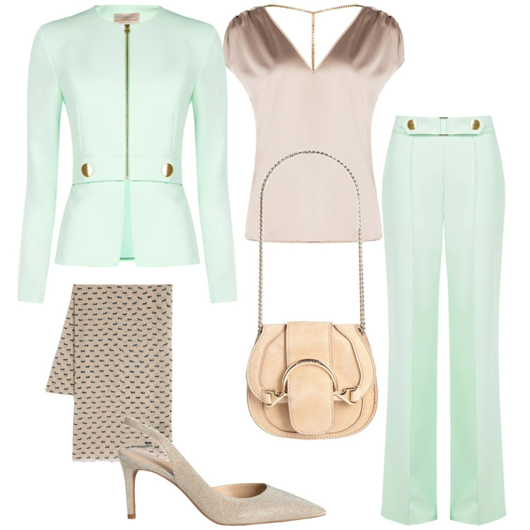 Outfit donna - Rinascimento chic. Stile Chic per Cerimonia. Abbinamento con marsupi, décolleté, sciarpe, blazer, pantaloni, top.