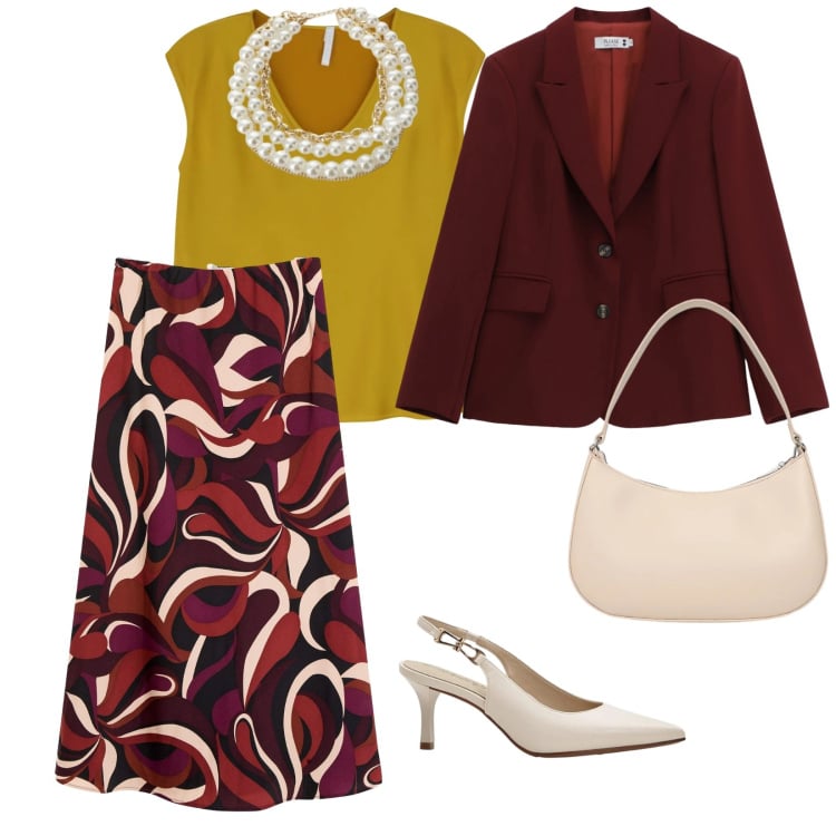 Outfit donna - Focus donna. per Serata fuori. Abbinamento con gonne longuette, décolleté, borse a tracolla, top, collane, blazer.