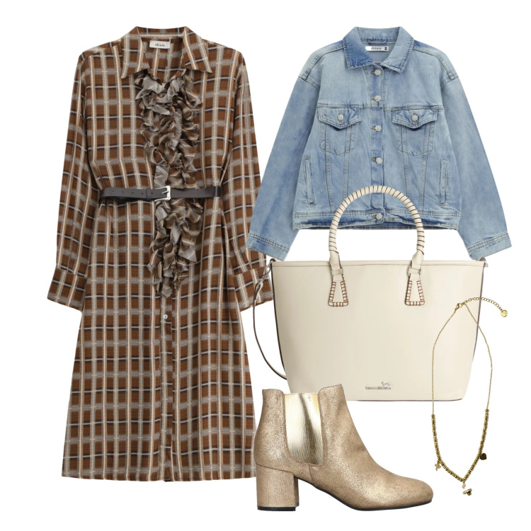 Outfit donna - Marzo. Stile Trendy per Tutti i giorni. Abbinamento con stivaletti chelsea, shopping bag, vestiti midi/longuette, blazer, ciondoli.