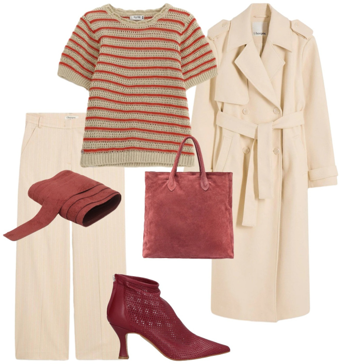 Outfit donna - Focus donna. per Ufficio. Abbinamento con stivaletti, pantaloni, trench, cinture, t-shirt, borse a mano.