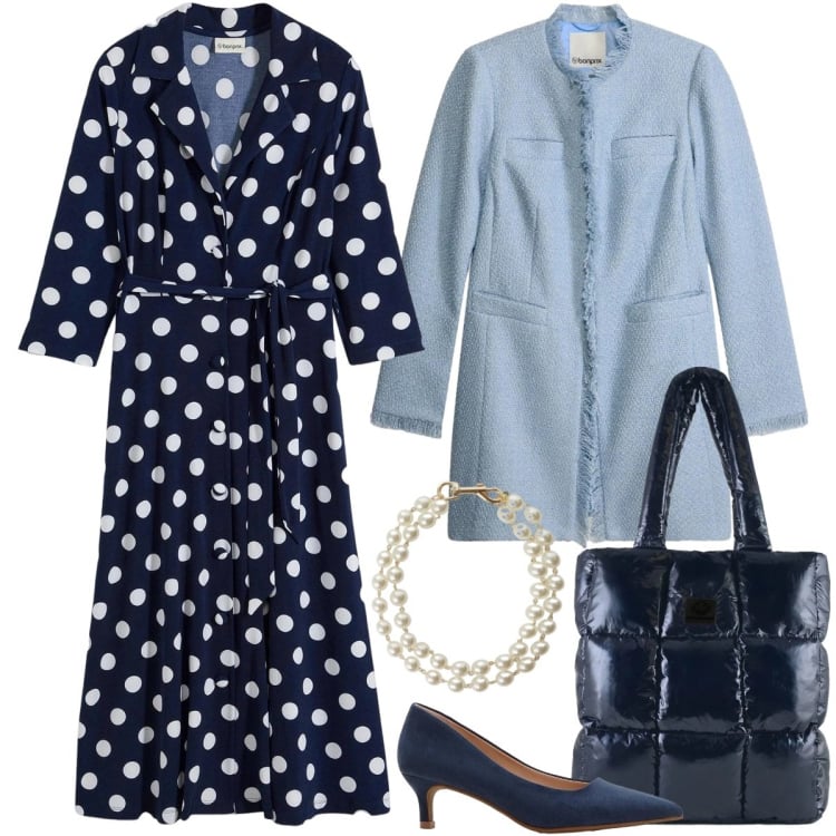 Outfit donna - Abiti che si muovono con te - Curvy. Stile Vintage retrò per Tutti i giorni. Abbinamento con blazer, vestiti chemisier, décolleté, braccialetti, shopping bag.