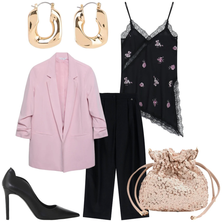 Outfit donna - Total look #2362154. Stile Romantica per Cerimonia. Abbinamento con orecchini, top, blazer, pantaloni a palazzo, décolleté, pochette.