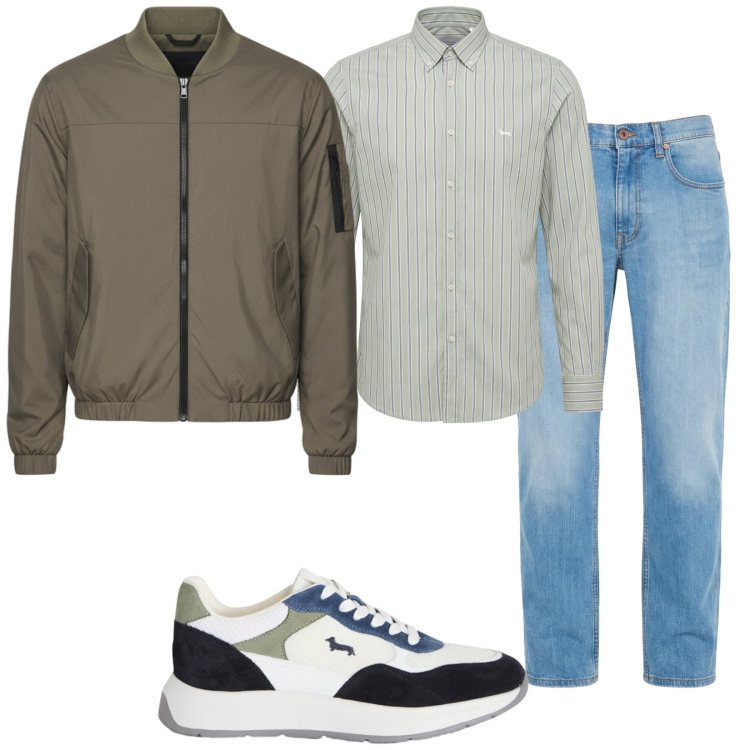 Outfit uomo - Fresca primavera. Stile Casual per Tutti i giorni. Abbinamento con jeans, sneakers, camicie, bomber.