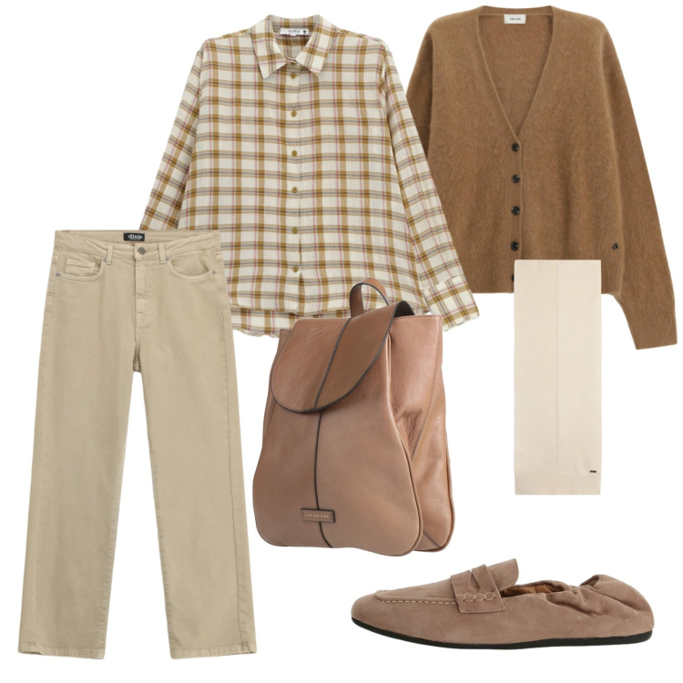 Outfit donna - Toni terrosi. Stile Trendy per Tutti i giorni. Abbinamento con zaini, cardigans, mocassini, jeans dritti, camicie, sciarpe.