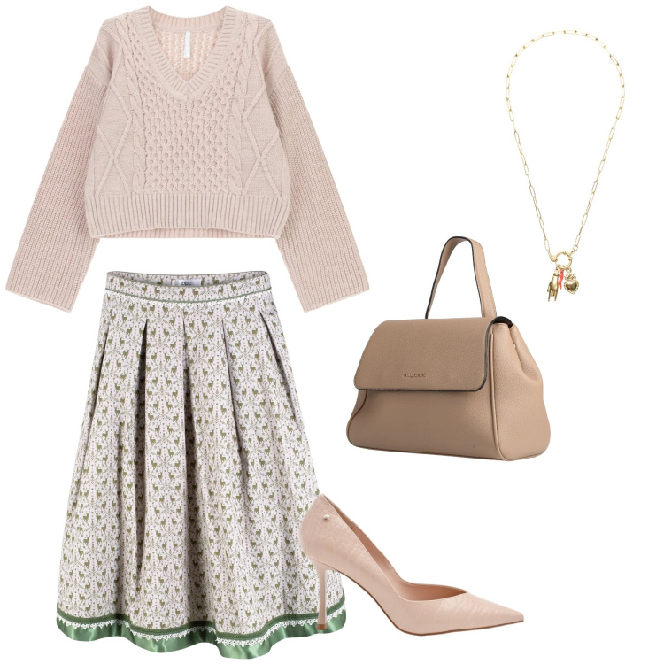 Outfit donna - Sweet curvy day. Stile Romantica per Tutti i giorni. Abbinamento con zaini, gonne longuette, maglieria, ciondoli, décolleté.