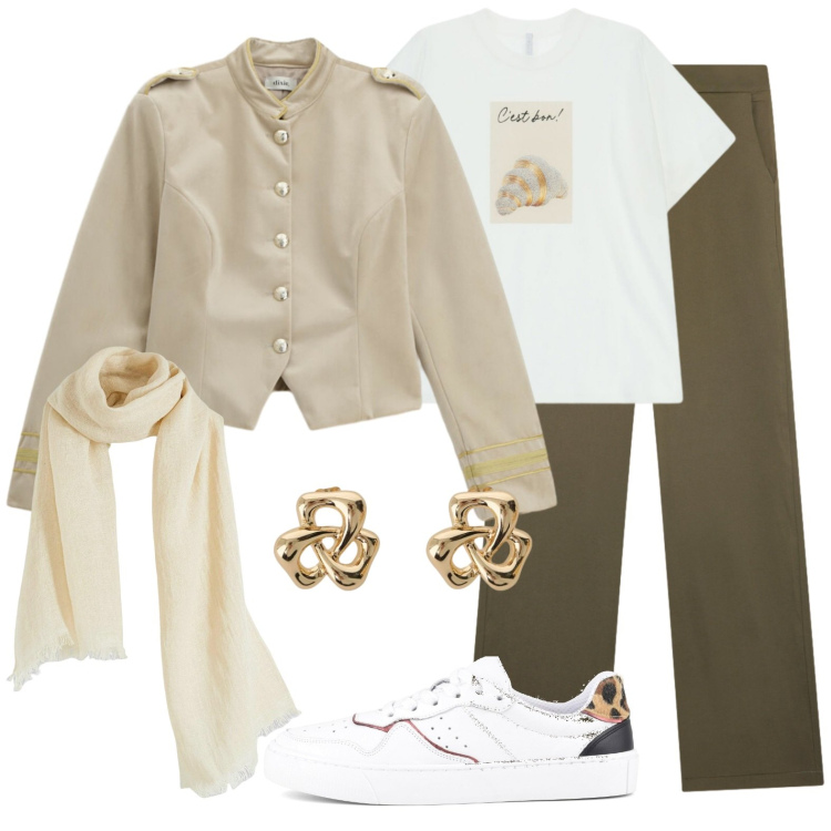 Outfit donna - Romanticamente military. Stile Military per Scuola/Università. Abbinamento con sciarpe, pantaloni, t-shirt, blazer, orecchini, sneakers.