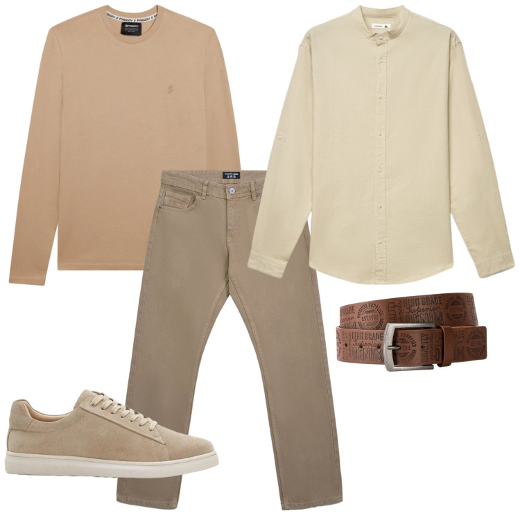 Outfit uomo - Toni sabbia e beige. Stile Casual per Tutti i giorni. Abbinamento con cinture, sneakers, jeans, camicie, t-shirt.