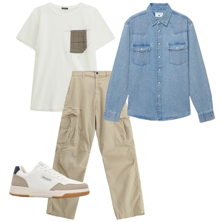 Outfit uomo - Weekend fuori porta. Stile Casual per Tutti i giorni. Abbinamento con sneakers, pantaloni cargo, t-shirt, camicie.