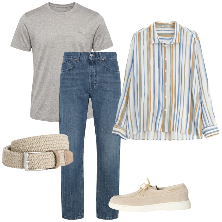 Outfit uomo - Weekend fuori porta. Stile Casual per Tutti i giorni. Abbinamento con jeans, scarpe stringate, cinture, t-shirt, camicie.