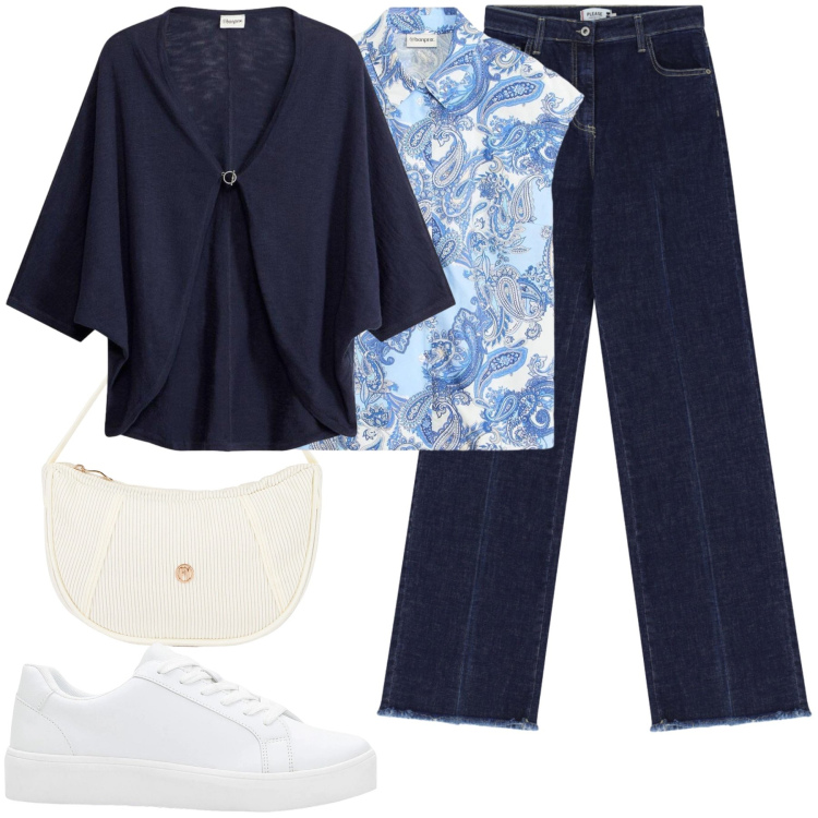 Outfit donna - Eleganza Rilassata in Blu. Stile Casual chic per Ufficio. Abbinamento con cardigans, camicie, sneakers, jeans, borse a mano.