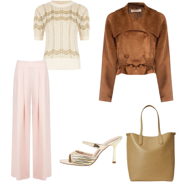 Outfit donna - Delicato blues. Stile Glamour per Serata fuori. Abbinamento con pantaloni a palazzo, giacche, t-shirt, sabot, borse tote.