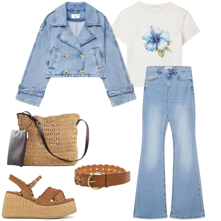 Outfit donna - Welcome spring. Stile Casual per Tutti i giorni. Abbinamento con borse a tracolla, cinture, t-shirt, caban, jeans a zampa, zeppe.