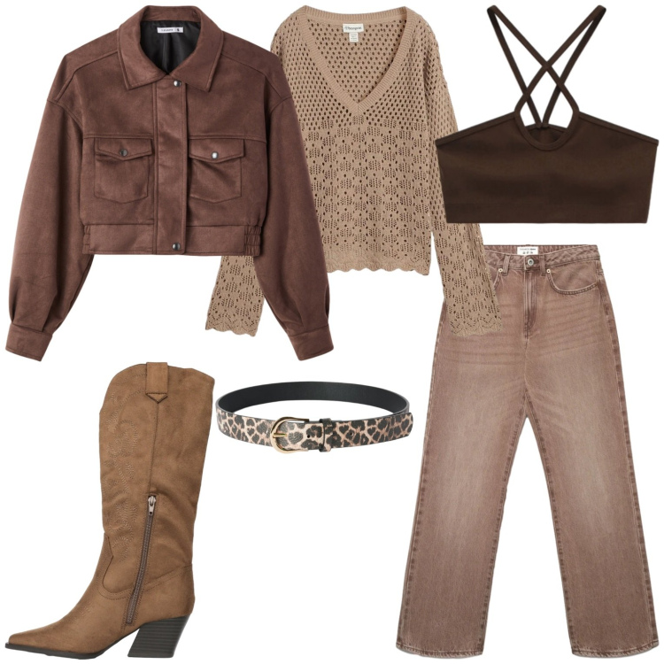 Outfit donna - Avvicinandoci alla primavera. Stile Casual per Tutti i giorni. Abbinamento con maglieria, top, jeans dritti, cinture, stivali, bomber.