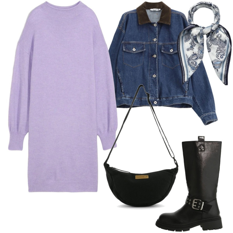 Outfit donna - Abiti che si muovono con te - Curvy. Stile Casual chic per Tutti i giorni. Abbinamento con vestiti, foulard, stivali, blazer, borse a tracolla.