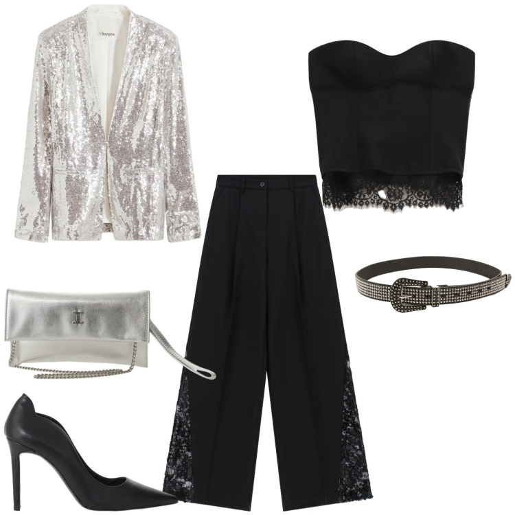 Outfit donna - Serata in discoteca. Stile Casual chic per Serata fuori. Abbinamento con blazer, top, pantaloni a palazzo, borse a tracolla, cinture, décolleté.