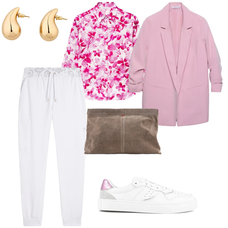 Outfit donna - Primavera Romantica. per Tutti i giorni. Abbinamento con orecchini, blazer, camicie, pantaloni sportivi, sneakers, pochette.