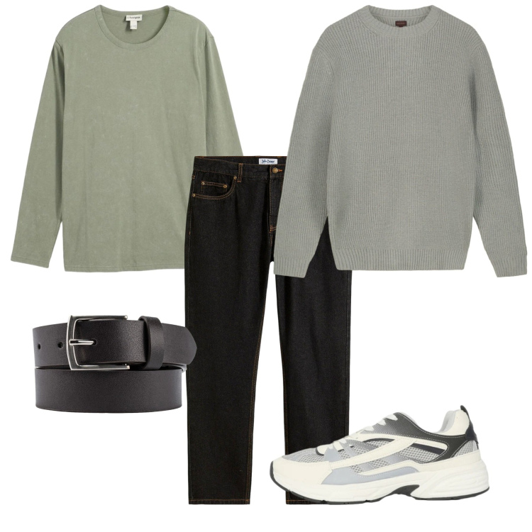 Outfit uomo - Road. Stile Casual per Tutti i giorni. Abbinamento con jeans dritti, t-shirt, sneakers, cinture, maglieria.