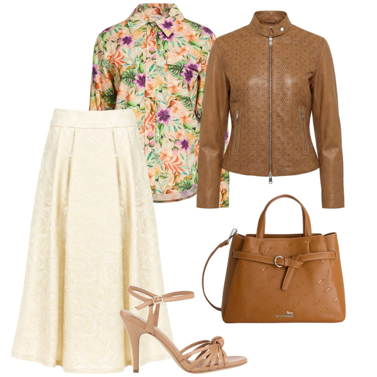 Outfit donna - Primavera romantica. per Ufficio. Abbinamento con camicie, sandali in pelle, borse a mano, giacche, gonne longuette.