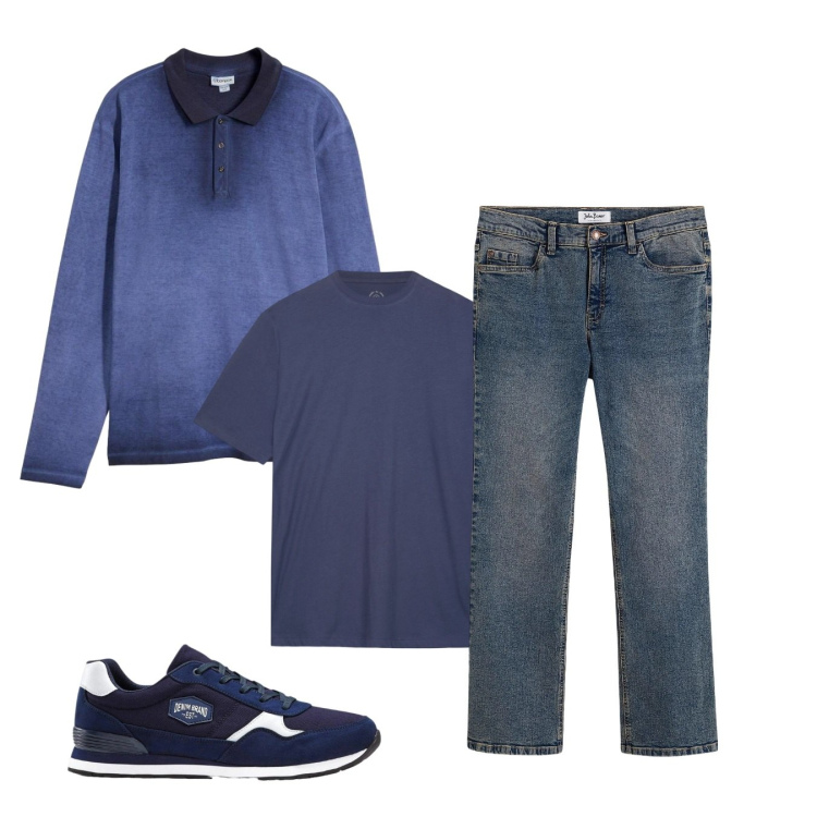Outfit uomo - Facile blu. Stile Casual per Tutti i giorni. Abbinamento con sneakers, jeans bootcut, polo, t-shirt.