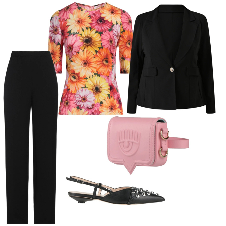 Outfit donna - Primavera romantica. per Cerimonia. Abbinamento con pantaloni, marsupi, top, ballerine, blazer.