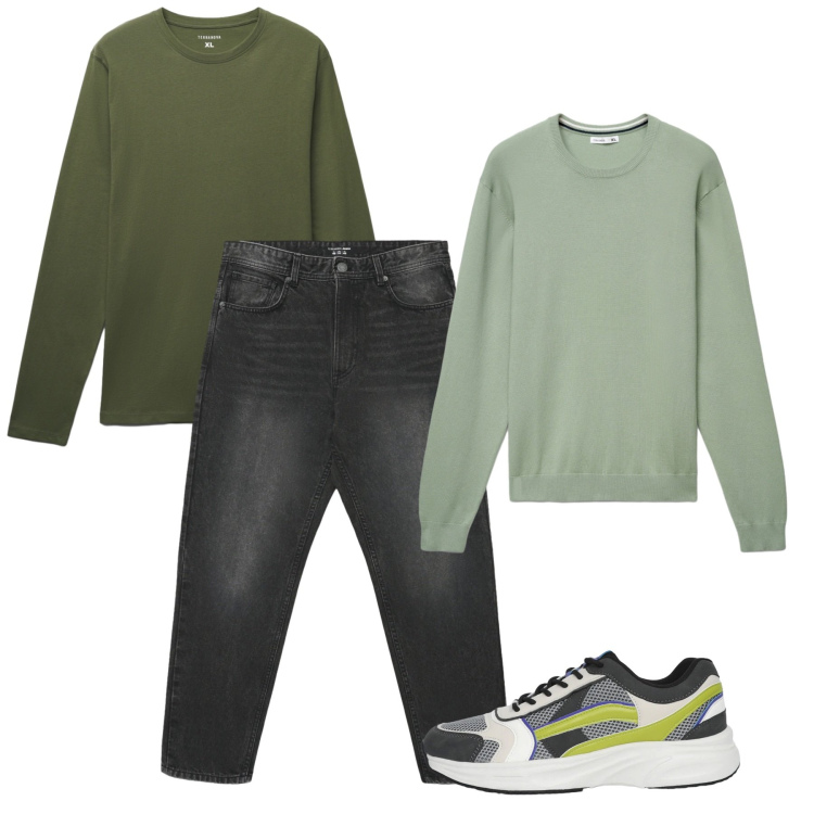 Outfit uomo - Weekend. Stile Casual per Tutti i giorni. Abbinamento con sneakers, maglieria, jeans, t-shirt.