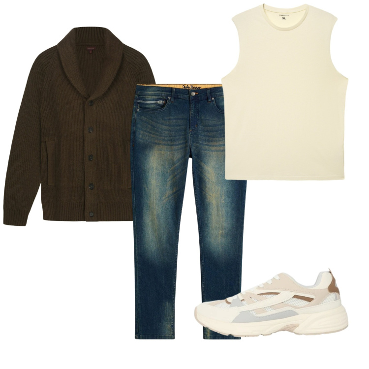 Outfit uomo - Coffee time. Stile Casual per Tutti i giorni. Abbinamento con jeans slim fit, sneakers, canottiere, cardigans.
