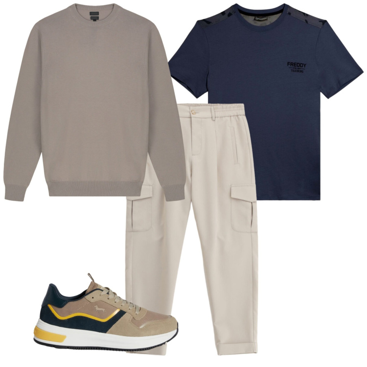 Outfit uomo - Casual time. Stile Casual per Tutti i giorni. Abbinamento con sneakers, pantaloni cargo, t-shirt, maglieria.