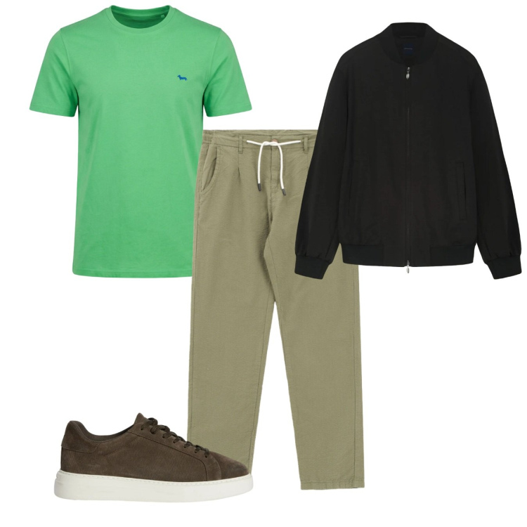 Outfit uomo - Fine settimana. Stile Casual per Tutti i giorni. Abbinamento con sneakers, t-shirt, pantaloni, bomber.