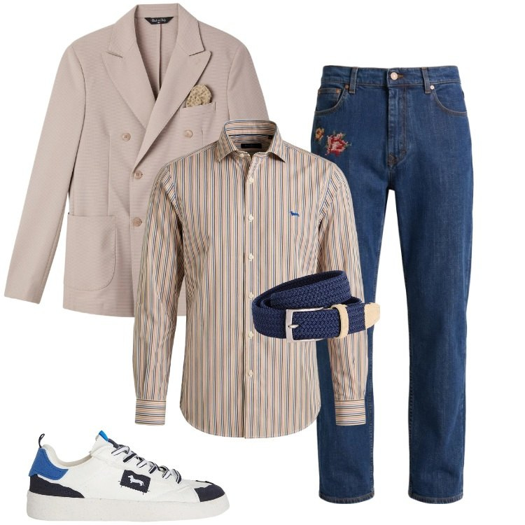 Outfit uomo - Total look #2362211. Stile Casual per Cerimonia. Abbinamento con camicie, cinture, sneakers, jeans, giacche.