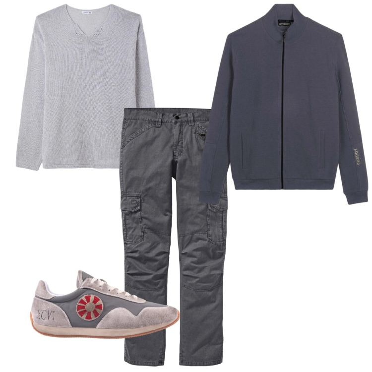 Outfit uomo - Grigio sfumato. Stile Casual per Tutti i giorni. Abbinamento con pantaloni cargo, maglieria, felpe, sneakers.