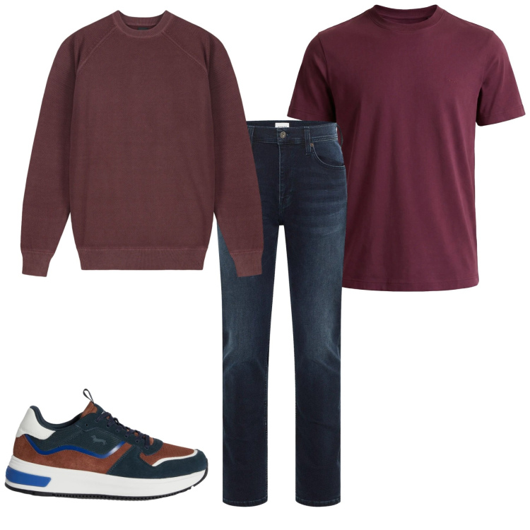 Outfit uomo - Casual con cura. Stile Casual per Tutti i giorni. Abbinamento con jeans slim fit, sneakers, t-shirt, maglieria.