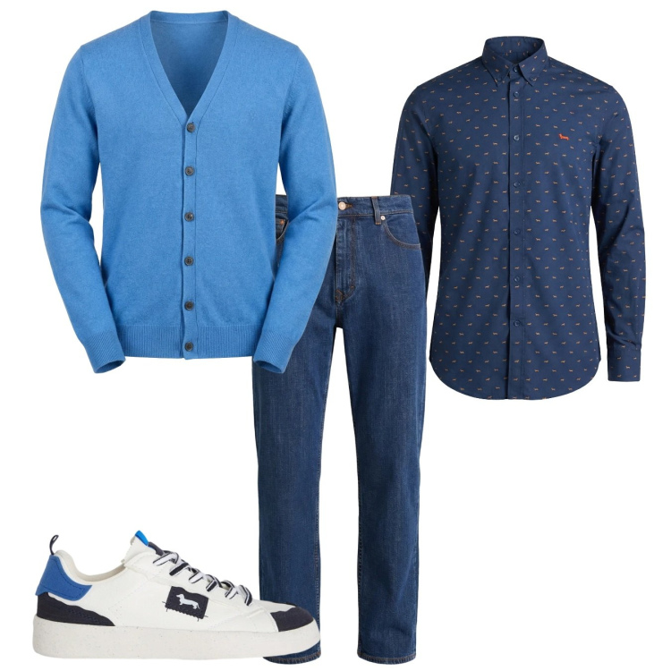 Outfit uomo - Azzurro. Stile Casual per Tutti i giorni. Abbinamento con sneakers, jeans, cardigans, camicie.
