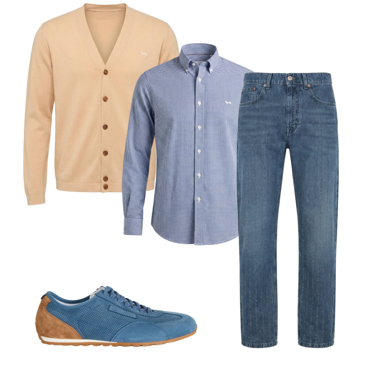 Outfit uomo - Crema e denim. Stile Casual per Tutti i giorni. Abbinamento con sneakers, jeans, cardigans, camicie.