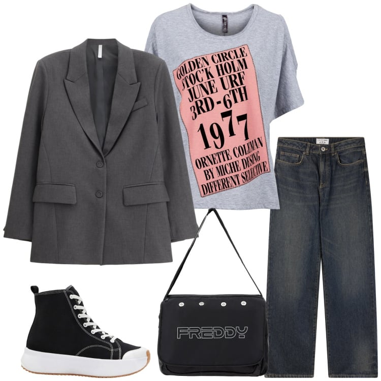 Outfit donna - Total look #2362229. Stile Casual chic per Tutti i giorni. Abbinamento con maglieria, sneakers alte, jeans dritti, blazer, borse messenger.