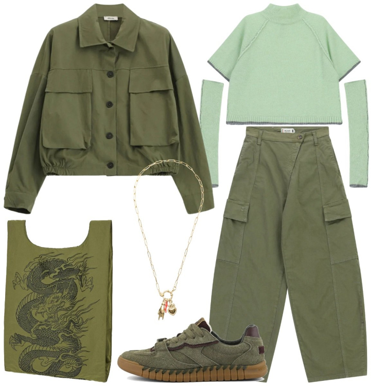 Outfit donna - Sfumature di verde. Stile Sporty chic per Tutti i giorni. Abbinamento con pantaloni cargo, maglieria, cappotti, ciondoli, shopping bag, sneakers.