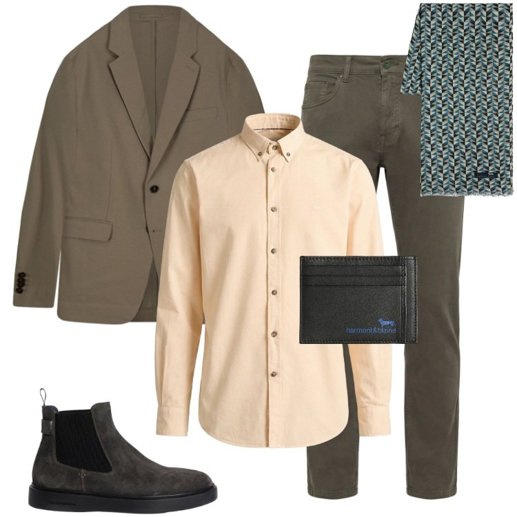 Outfit uomo - Total look #2362231. Stile Casual per Ufficio. Abbinamento con pantaloni, stivali e stivaletti, camicie, portafogli, sciarpe, giacche.