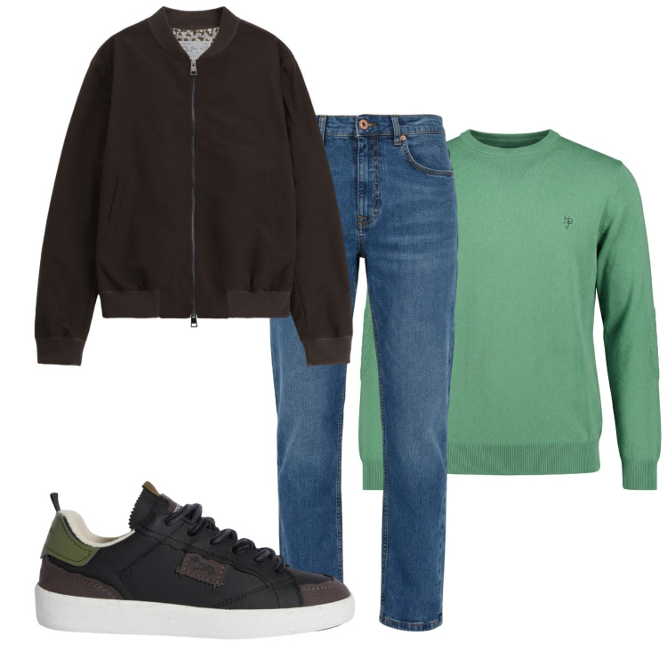 Outfit uomo - Basic raffinato. Stile Casual per Tutti i giorni. Abbinamento con sneakers, maglieria, jeans, bomber.