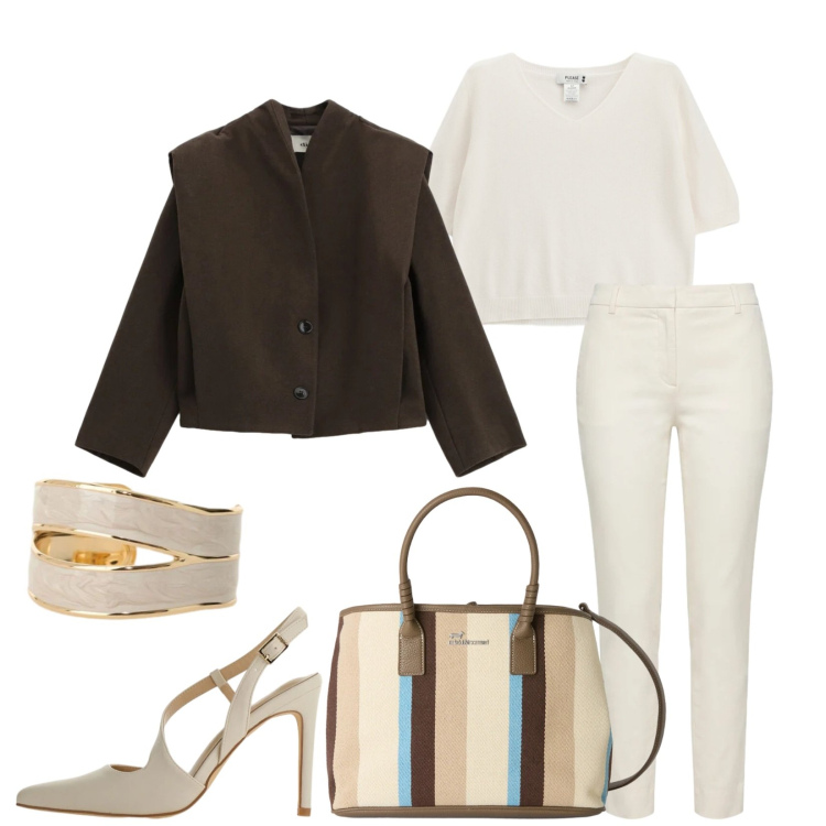 Outfit donna - Total look #2362237. Stile Chic per Ufficio. Abbinamento con shopping bag, pantaloni, décolleté, blazer, anelli, maglieria.