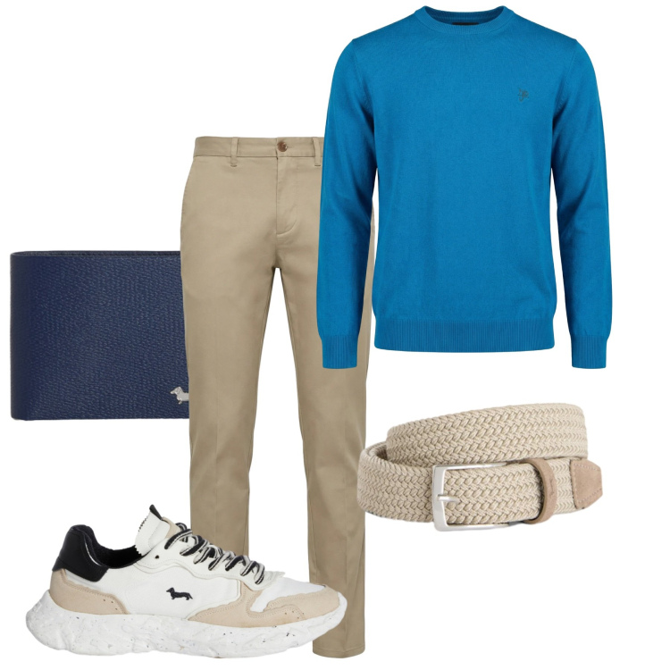 Outfit uomo - Azzurro cool. Stile Casual per Tutti i giorni. Abbinamento con cinture, sneakers, pantaloni chino, maglieria, portafogli.