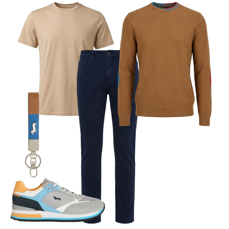 Outfit uomo - Essential mood. Stile Casual per Tutti i giorni. Abbinamento con sneakers, portachiavi, maglieria, pantaloni, t-shirt.