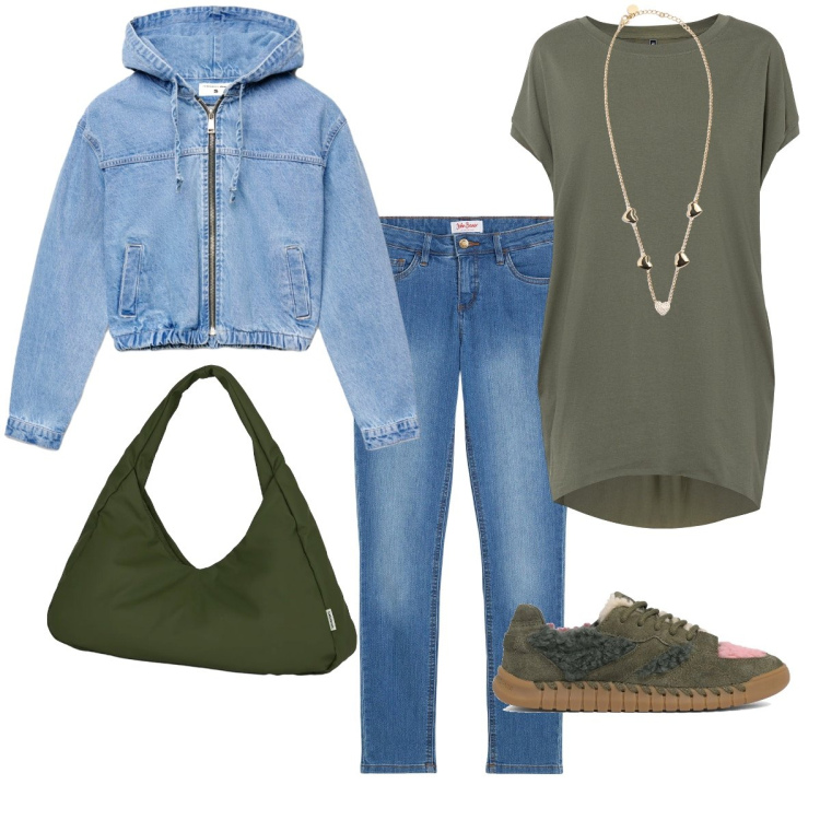Outfit donna - Total look #2362258. Stile Basic per Tutti i giorni. Abbinamento con jeans skinny, maglieria, bomber, collane, borse a spalla, sneakers.