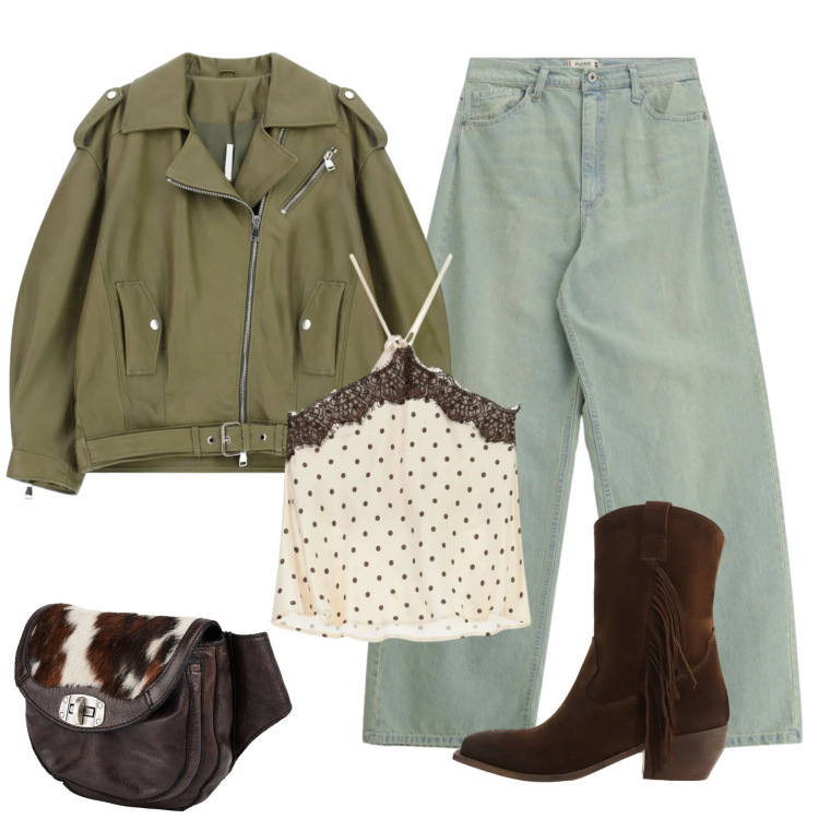 Outfit donna - il chiodo verde e dettagli cioccolato. Stile Glamour per Tutti i giorni. Abbinamento con marsupi, top, giacche, stivali, jeans.