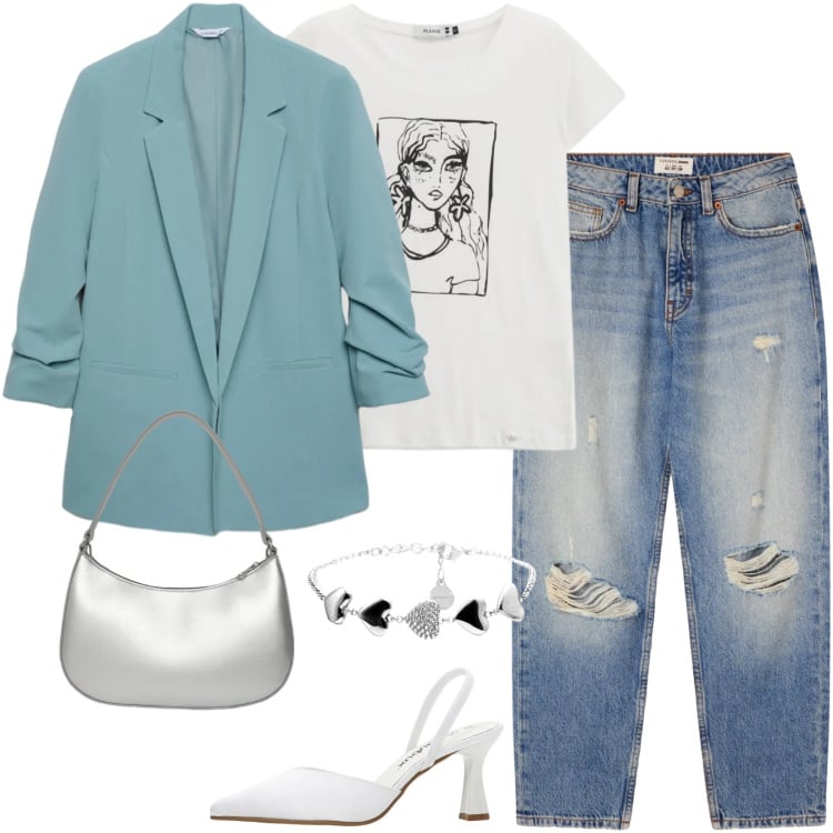 Outfit donna - Total look #2362260. Stile Casual per Tutti i giorni. Abbinamento con décolleté, blazer, borse a tracolla, jeans mom, braccialetti, t-shirt.