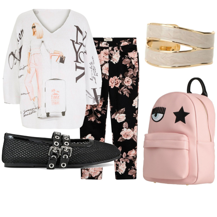 Outfit donna - Casual monday. Stile Casual per Tutti i giorni. Abbinamento con zaini, pantaloni, maglieria, anelli, ballerine.