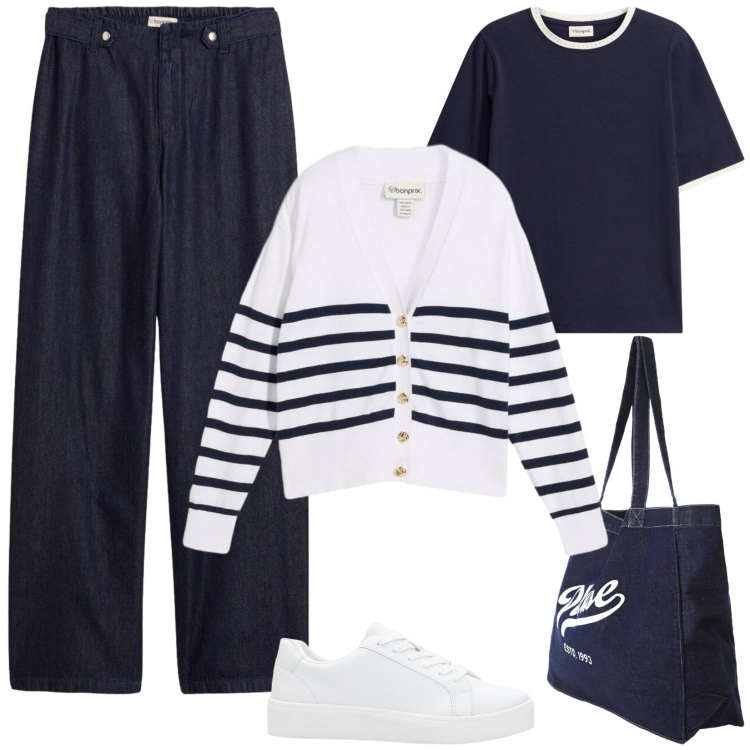 Outfit donna - Il Cardigan a Righe. Stile Basic per Tutti i giorni. Abbinamento con sneakers, t-shirt, jeans dritti, cardigans, shopping bag.