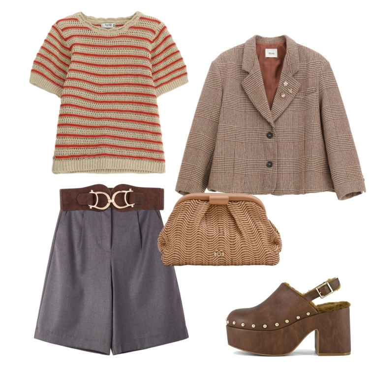 Outfit donna - Primavera mood. Stile Trendy per Tutti i giorni. Abbinamento con cinture, bermuda, blazer, t-shirt, pochette, sabot.