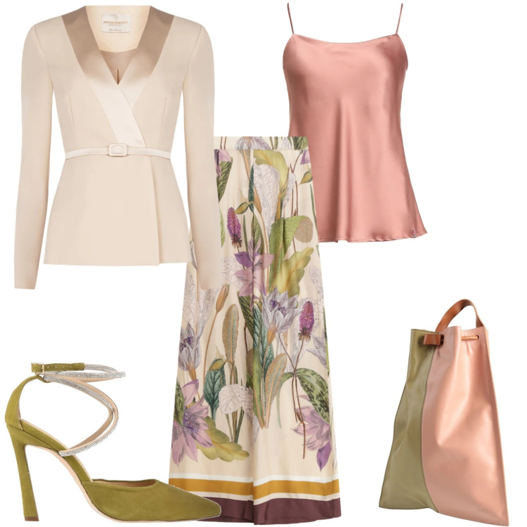 Outfit donna - Cerimonia. Stile Chic per Cerimonia. Abbinamento con décolleté, top, zaini, pantaloni a palazzo, blazer.