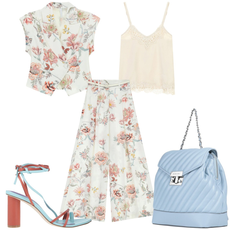 Outfit donna - Colori pastello. Stile Casual chic per Tutti i giorni. Abbinamento con ciabatte, zaini, pantaloni a palazzo, gilet, top.