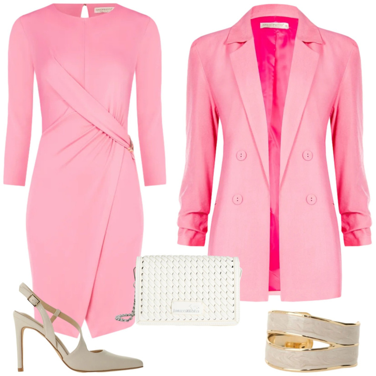 Outfit donna - Festività pasquali. Stile Glamour per Cerimonia. Abbinamento con borse a tracolla, décolleté, anelli, vestiti asimmetrici, blazer.